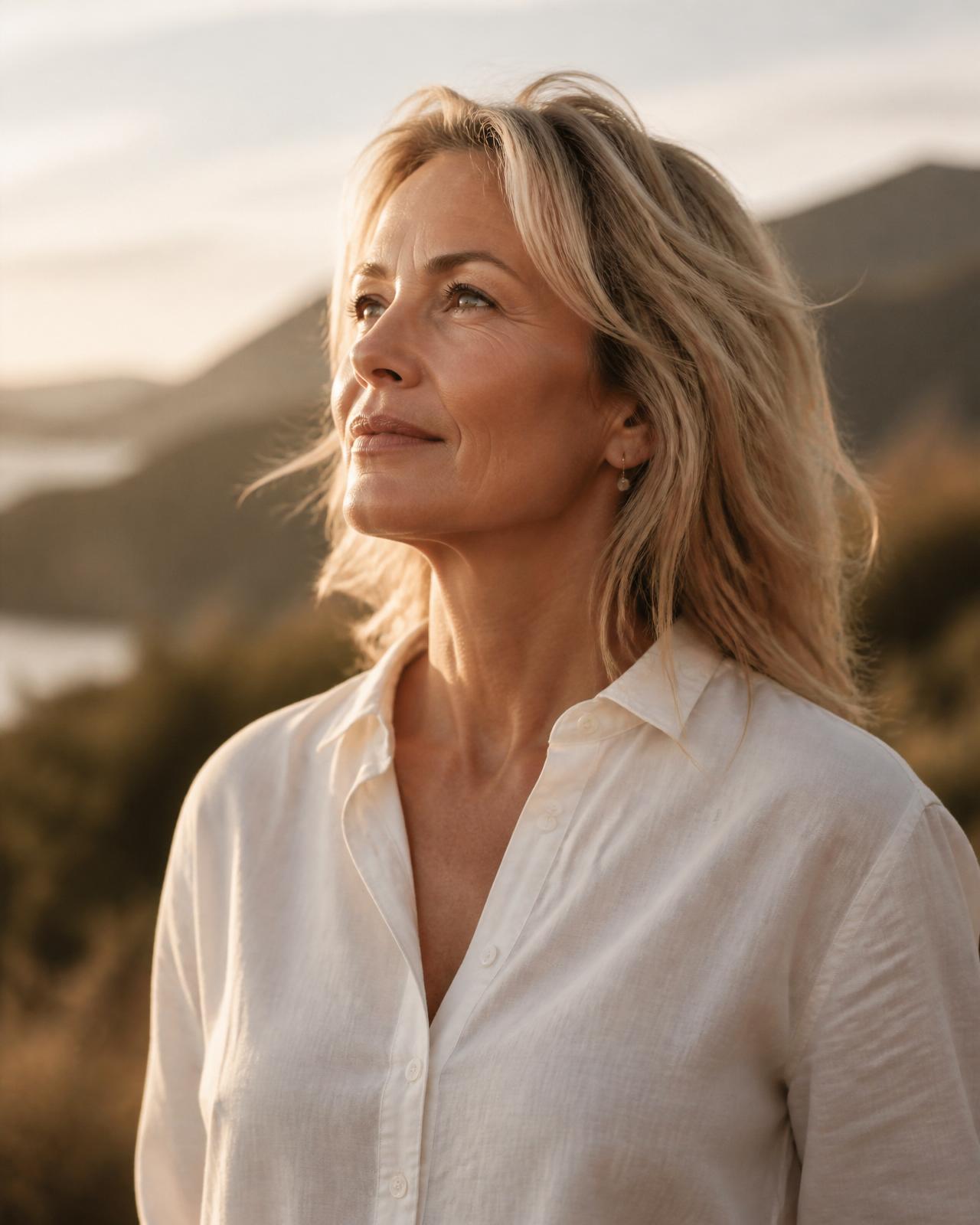 A woman looking toward the horizon at golden hour